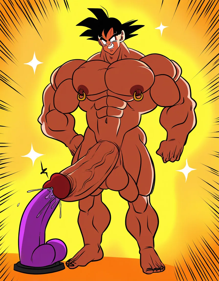 solo, 1boy, goku, dragon ball, black hair, spiky hair, muscular, completely nude, big penis, , urethral sounding,big urethral ,Dildo put in urethral, explicit, uncensored ,smile face with torgue,sexy pose, piercing nipple ,, hentai_studio_quality