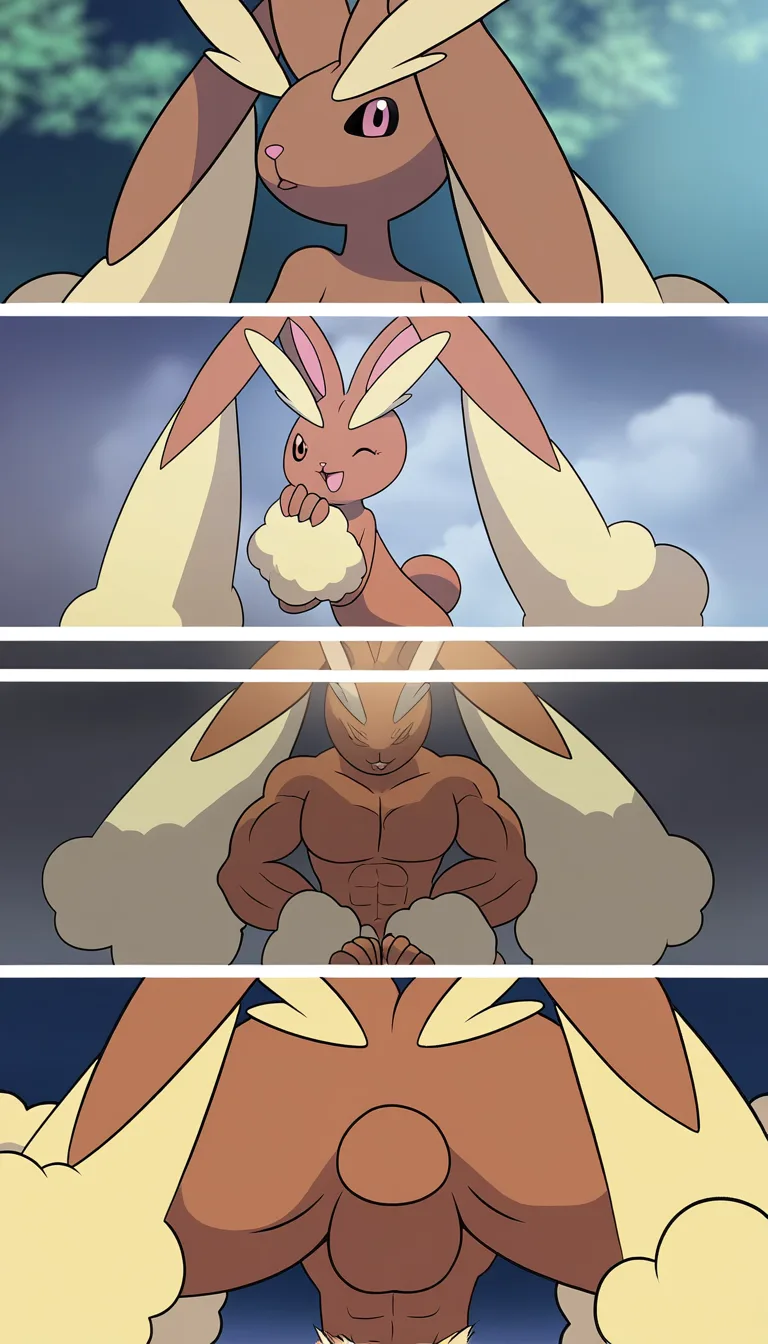lopunny from "pokemon"_(creature), anal, facing_viewer, picked up. muscular_male, (anime style:1.3), 2d, anime screencap, cel shading, flat color