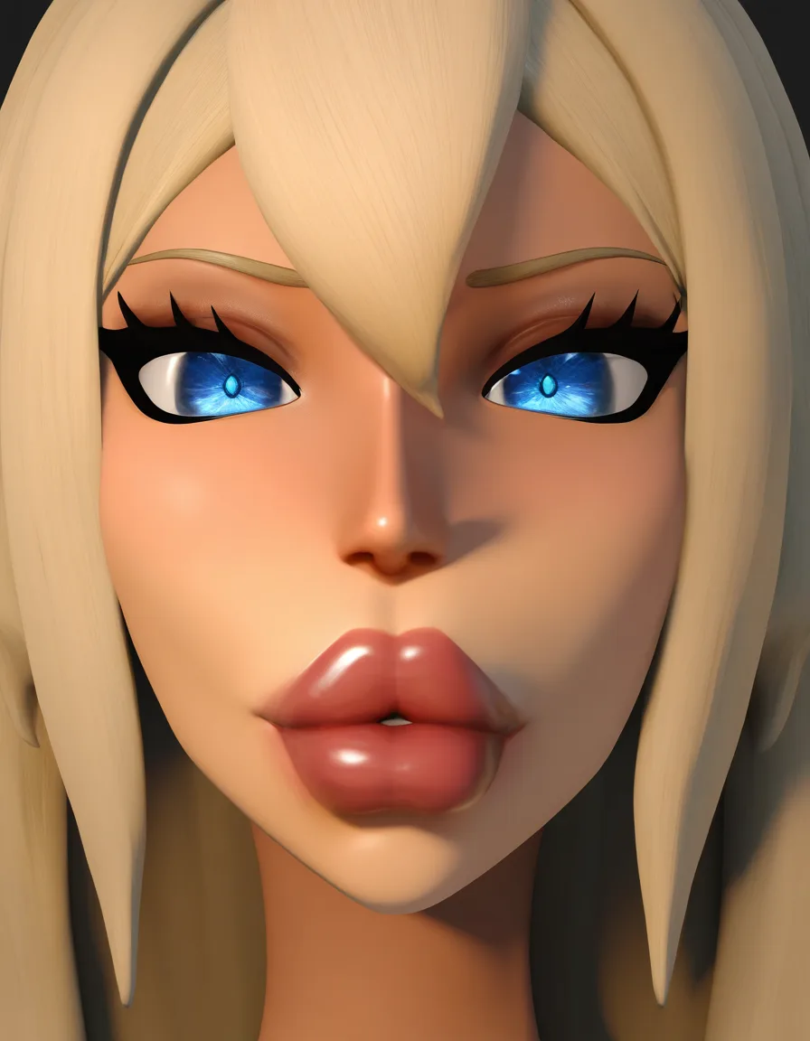 Long blonde hair, blue eyes, bimbo lips, lips, gigantic fake lips, puffy lips, fat lips,, score_9, score_8, 3d render, octane render, subsurface scattering, ray tracing, smooth shading