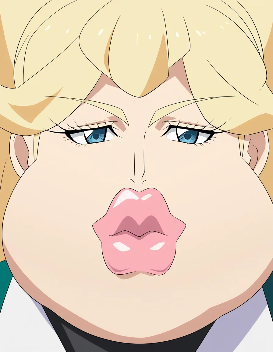 Long blonde hair, blue eyes, bimbo lips, lips, gigantic fake lips, puffy lips, fat lips,, (anime style:1.3), 2d, anime screencap, cel shading, flat color, @00osamio00