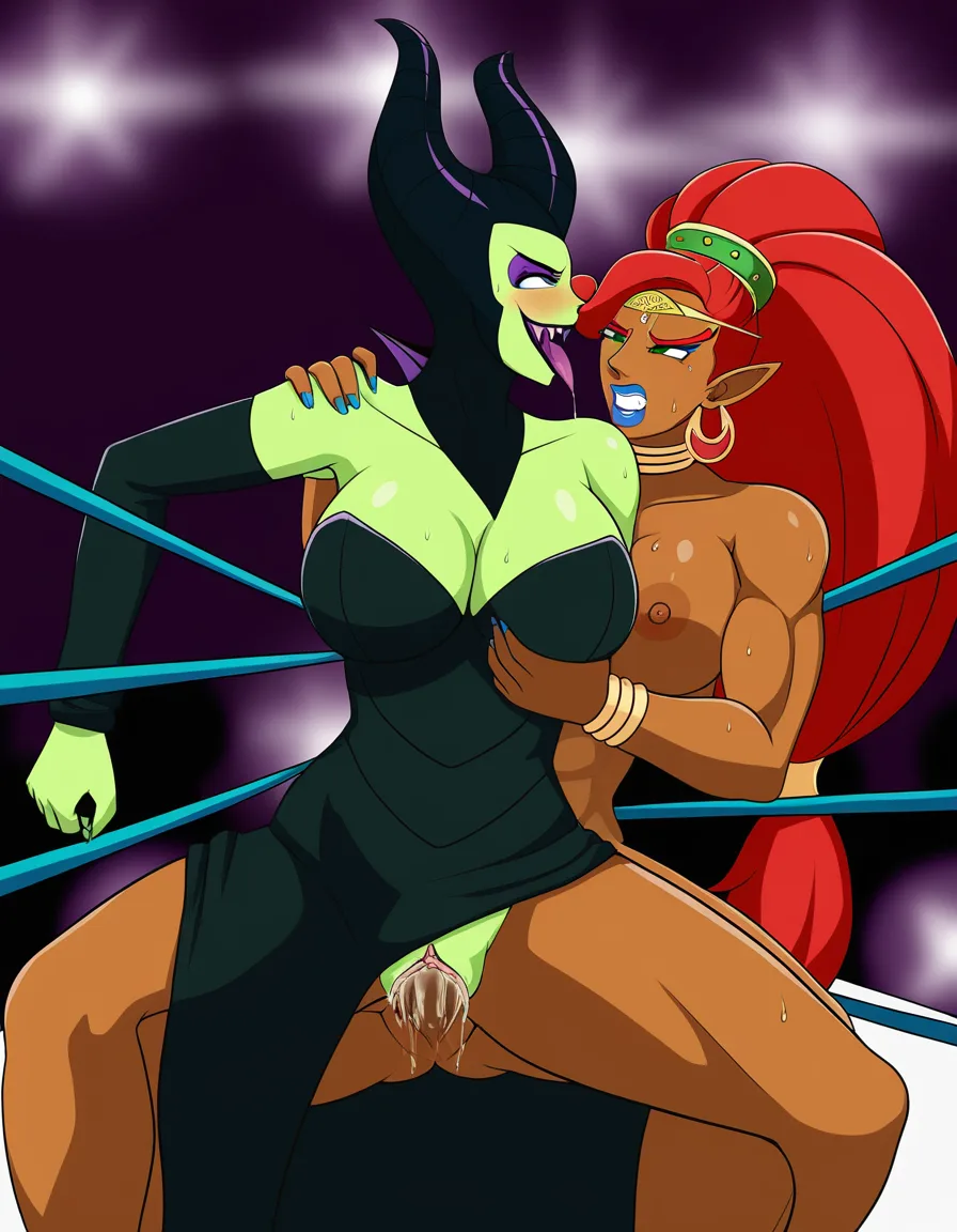 2girls , maleficent , urbosa , wrestling , wrestling_ring , catfight , strapless , orgasm , ahegao , yuri , sex, pussy_juice, defeated, hentai_studio_quality, hentai_studio_quality