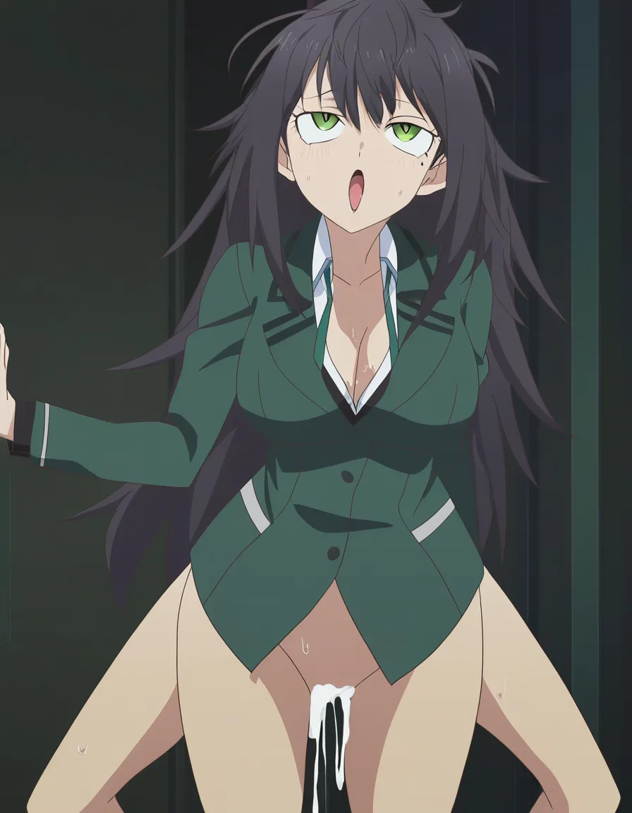 cum_in_pussy sweat ahegao missionary pov wide_hips mole_under_eye school_uniform black_hair single_hair_bun messy_hair cleavage clothed_sex eyeshadow green_eyes, (anime style:1.3), 2d, anime screencap, cel shading, flat color
