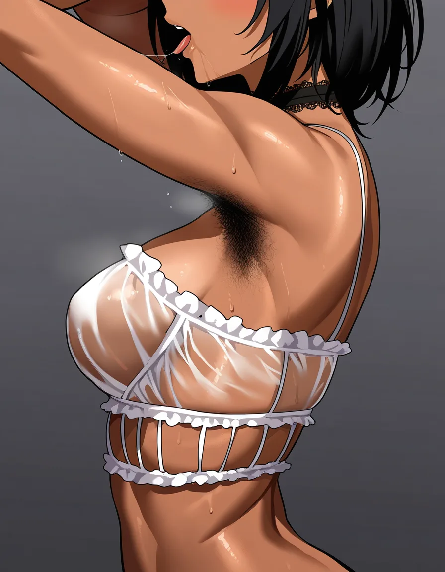 masterpiece, clean art, dark-skinned_female, saliva_trail, armpit fetish model, hairy armpits, scrappy lingerie, from_side, hentai_studio_quality