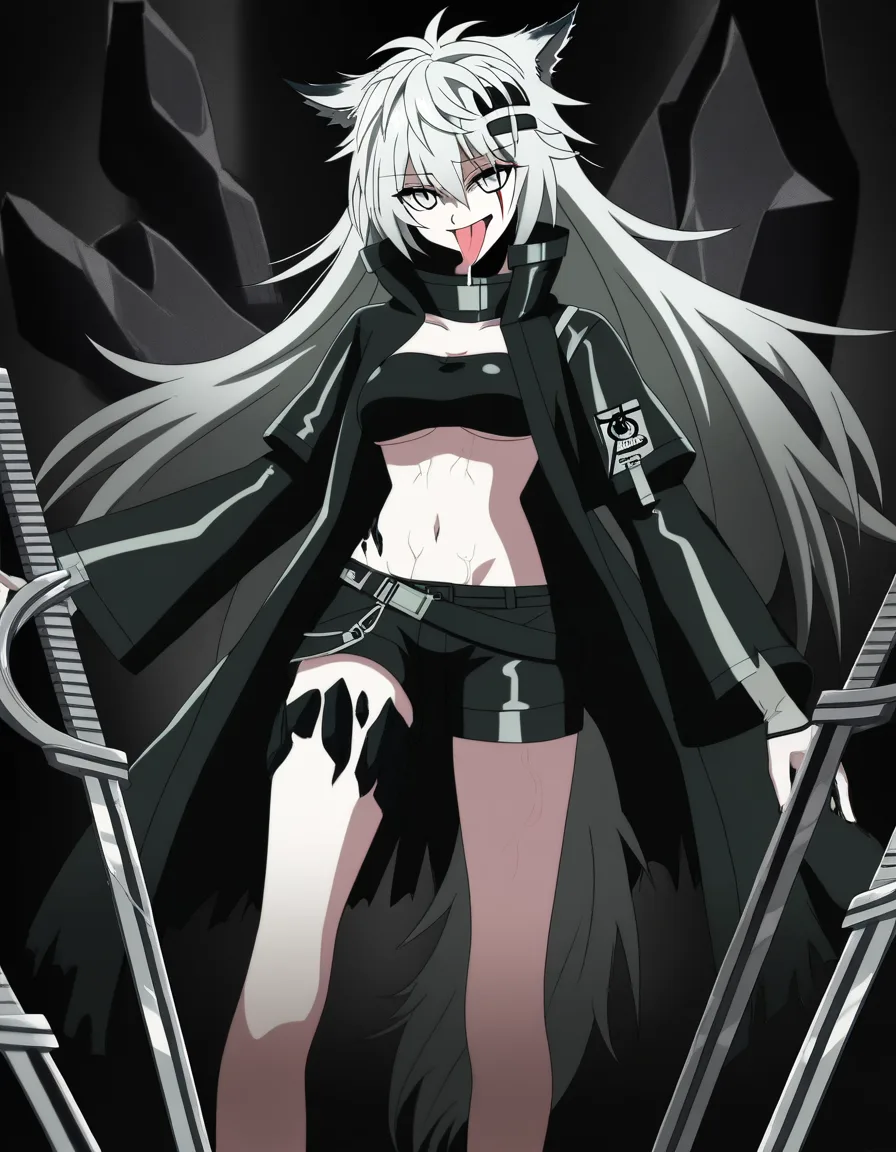 Arknights Lappland Saluzzo, full body, standing in an aggressive seductive pose, wearing a long open black trench coat with high stand-up collar, asymmetrical cut, round buttons, long straps, revealing black bandeau top under it, showing midriff, long light-colored mittened gloves with black accents and metal details, open fingers, patch emblem on left sleeve, very short high-waisted black mini shorts, tight on hips, wide black leather belt with metal buckle, a large erect human penis with visible veins and glans protruding from the shorts' fly, left thigh and shin have sharp black faceted crystal-like growths (Originium) embedded in skin, light blonde hair with two thick black rectangular snap clips on the right side of the fringe.
Kneeling beside her, naked Texas (Arknights) with wolf ears and long silver hair, both hands gripping the base of Lappland's cock, mouth wide open, tongue extended licking the glans, drool dripping down the shaft, Texas looking up with lustful submissive gaze. Bright lighting, high contrast shadows, anime art style, high detail, hard shading, grunge aesthetic, realistic anatomy, close-up on crotch and Texas's face, dynamic composition, masterpiece, best quality, 8k, sharp focus., (anime style:1.3), 2d, anime screencap, cel shading, flat color