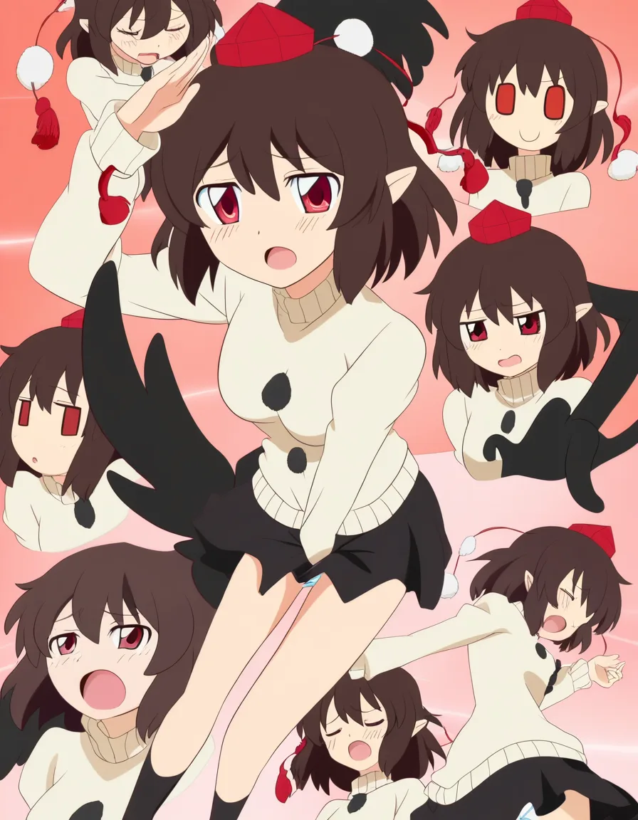 cute short_hair brown_hair sweater no_panties female_masturbation masturbation moaning @shameimaru_aya, (anime style:1.3), 2d, anime screencap, cel shading, flat color, @00osamio00