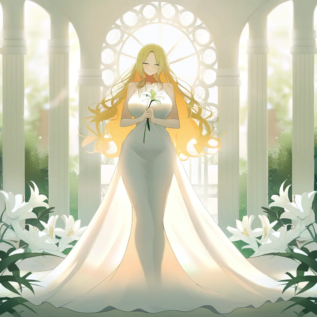 masterpiece, best quality, ultra-detailed, 8k uhd, anime style, 1girl, mature female, milf, beautiful detailed face, seductive smile, half-closed eyes, long blonde hair, wavy hair, hair flowing in wind, standing, full body, white dress, greek goddess dress, flowing white gown, toga, see-through silhouette, holding flower, white lily, lily stems in both hands, elegant pose, marble pergola, ancient greek architecture, white columns, winding branches, lily leaves, garden background, soft lighting, cinematic composition, depth of field, detailed background, ethereal atmosphere OITRBRBEMLELTXTX, hentai_studio_quality