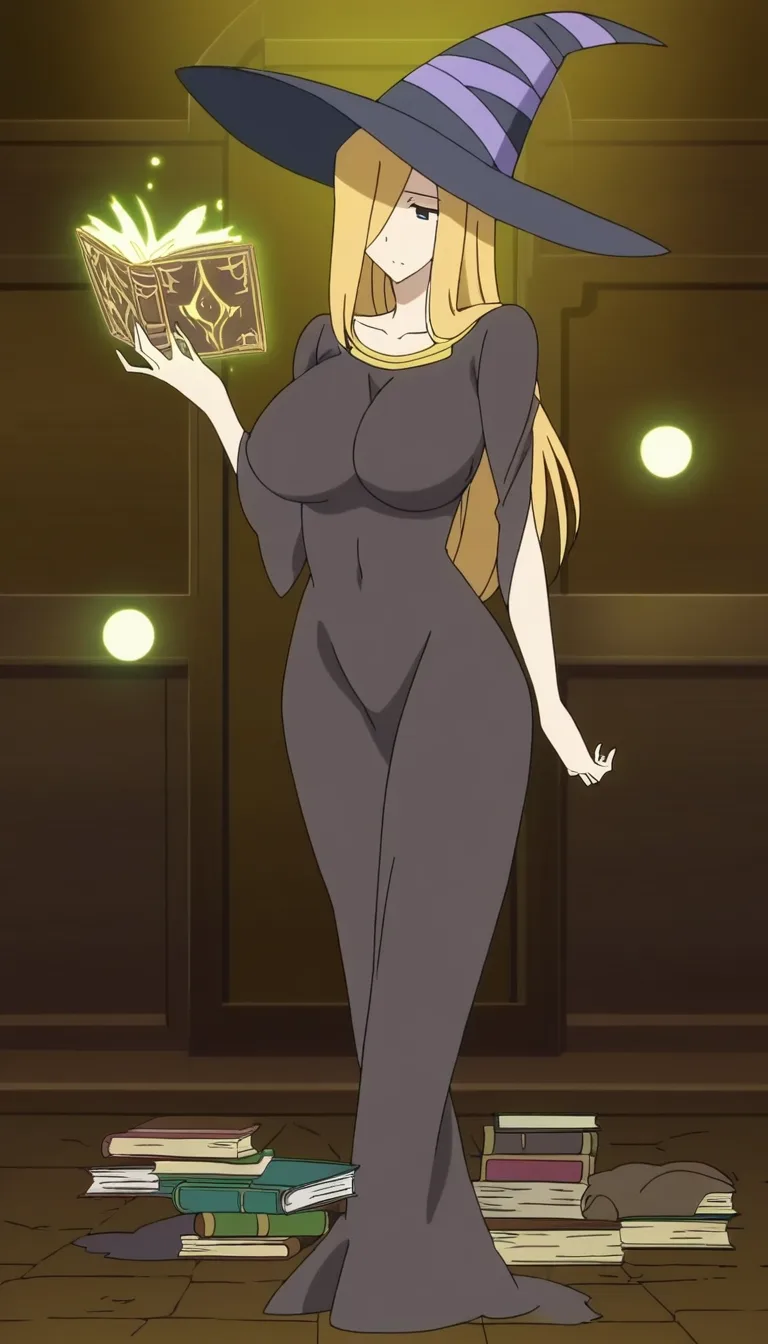 sorceress, orb, in a enchanted tower, levitating books, mystic symbols, big tits, naked, warm lighting, nude