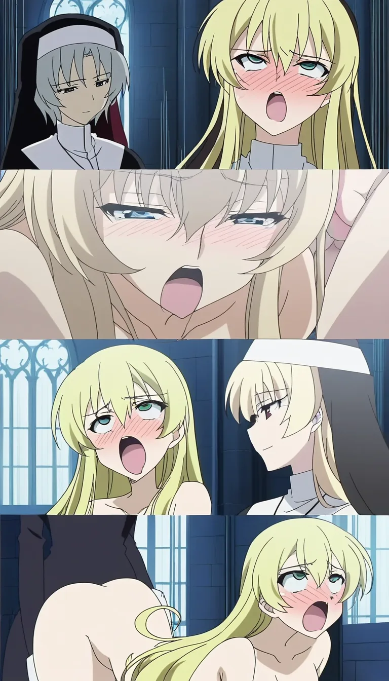 multiple_girls, nude, ahegao, blush, nose_blush, nun, uncensored, yuri, all_blonde_hair, church
