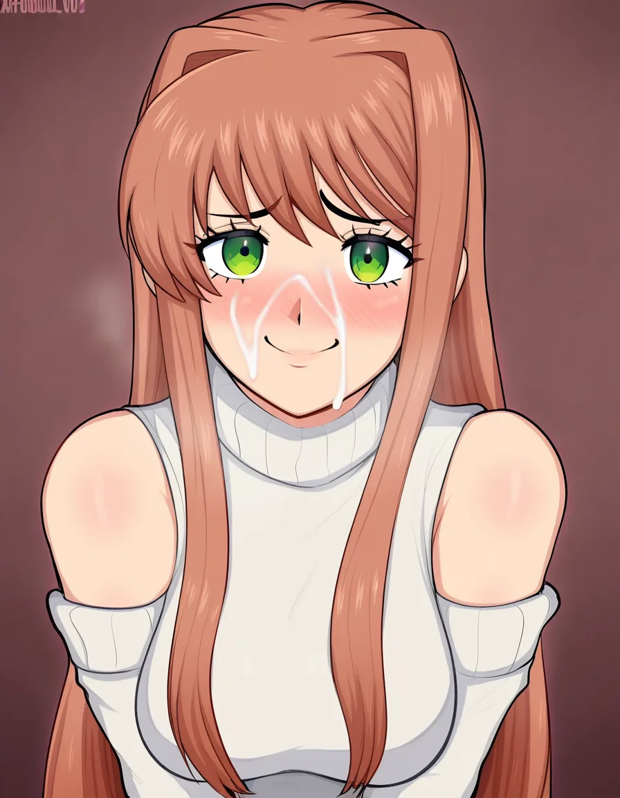 afrobull_artstyle, @monika_(doki_doki_literature_club), 1girl, solo, hair_down, full-face_blush, smile, white_sweater, facial, cum, looking_at_viewer, (anime style:1.3), 2d, anime screencap, cel shading, flat color, @00osamio00