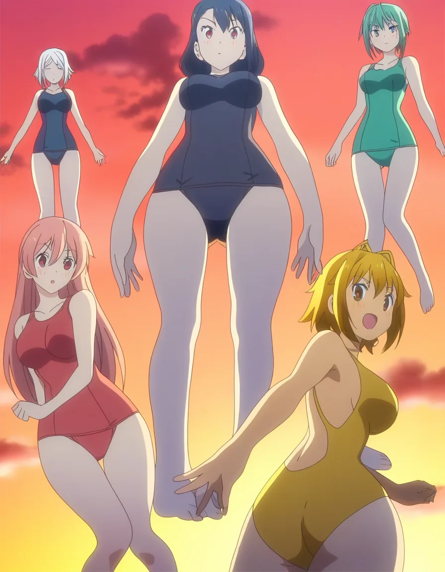 highres, vivid, 5girls, hourglass figure, swimsuit, sky, hentai style, (anime style:1.3), 2d, anime screencap, cel shading, flat color