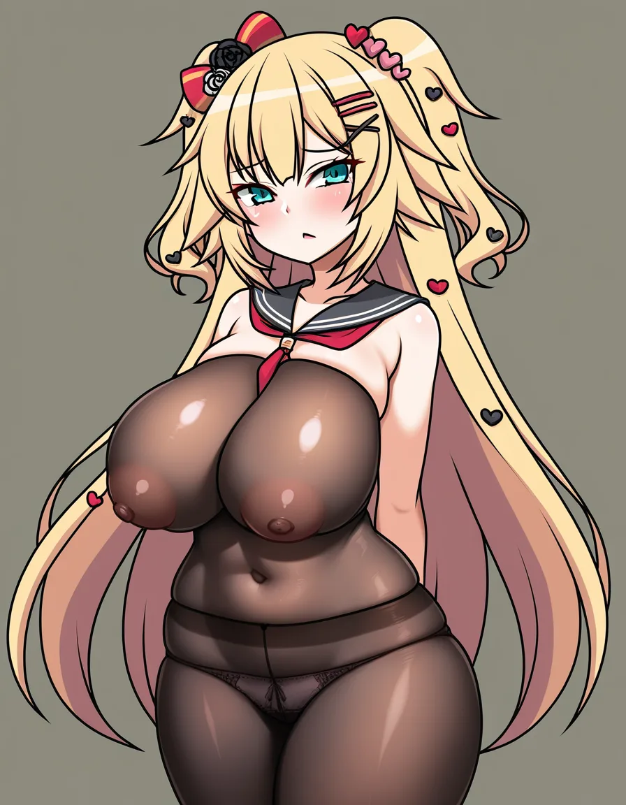 long_breasts, sagging breasts, tight_clothes, 
undersized_clothes, serafuku @akai_haato, hentai_studio_quality