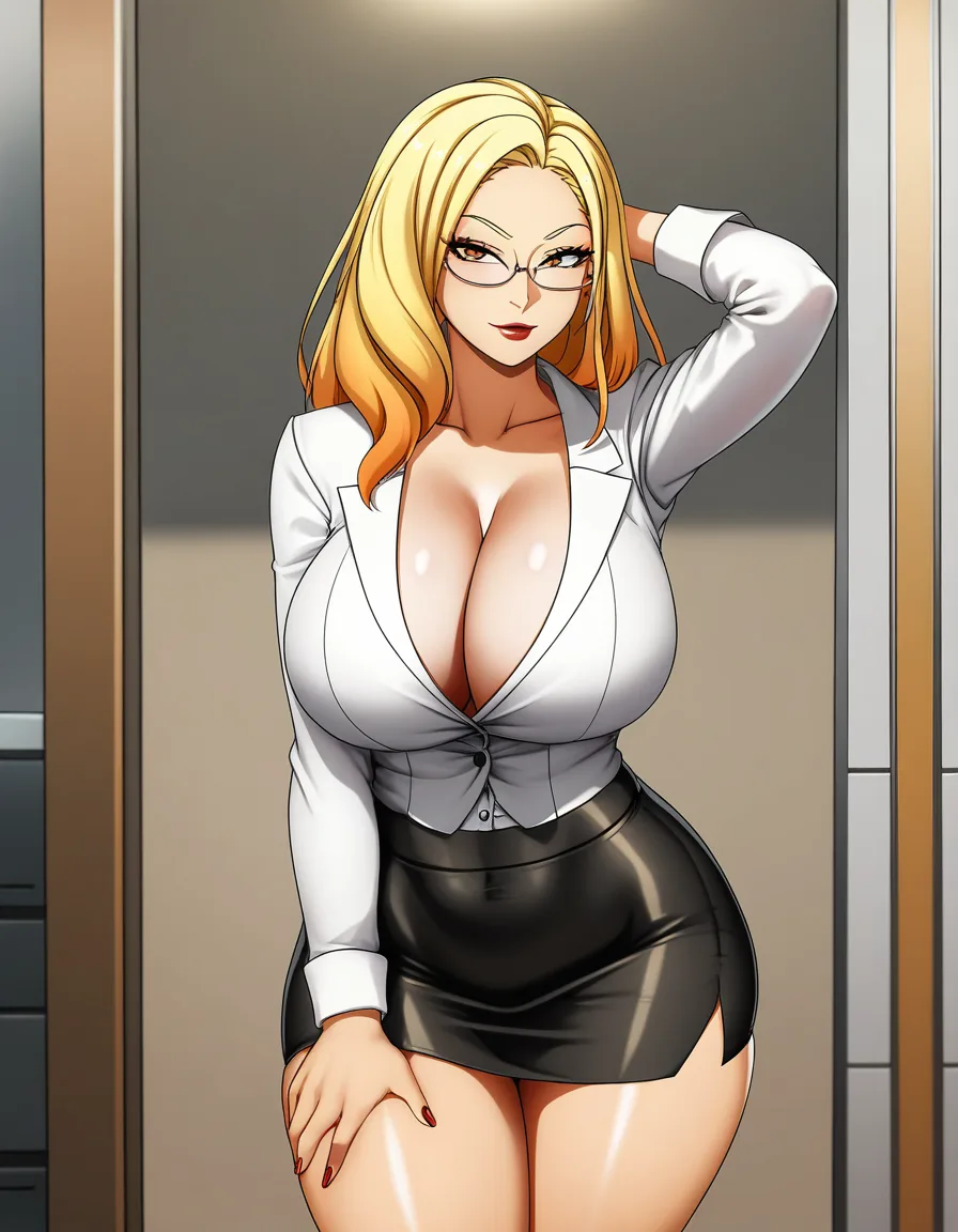 Female, blonde_hair, office_lady, large_breasts, tight_clothes, cleavage, hentai_studio_quality, glasses, wide_hips, thighs, pencil_skirt, black blouse, facing_viewer, hentai_studio_quality, hentai_studio_quality, hentai_studio_quality, hentai_studio_quality, hentai_studio_quality, hentai_studio_quality