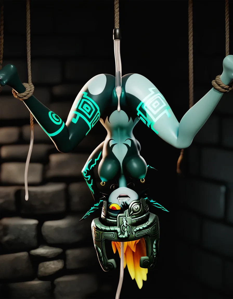 masterpiece, best quality, @midna twilight_princess, foot_focus, hanging on a rope, pussy_juice puddle, breasts_out, cum tube in pussy, salvia, tounge out, dungeon, nipple_piercing,  pussy, pussy drip, dungeon,, hentai_studio_quality, hentai_studio_quality
