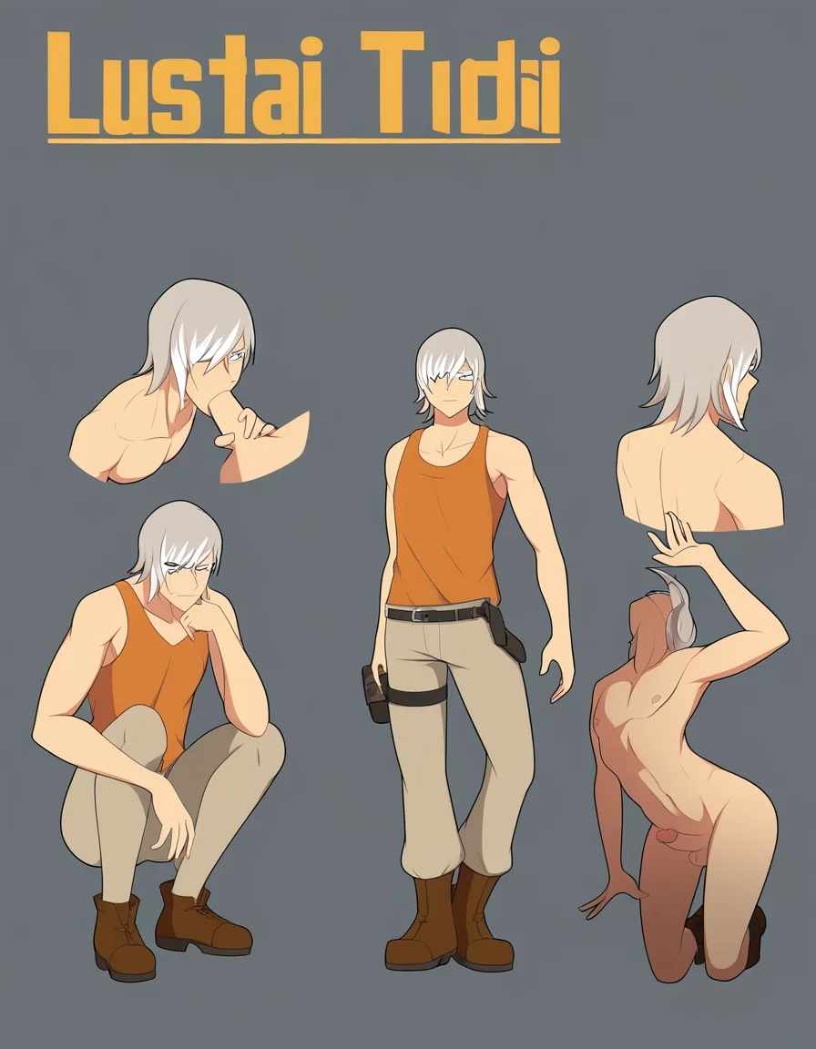 absurdres, highres, male focus, brown footwear, sleeveless, blowjob, lustful eyes, hentai style, hentai_studio_quality