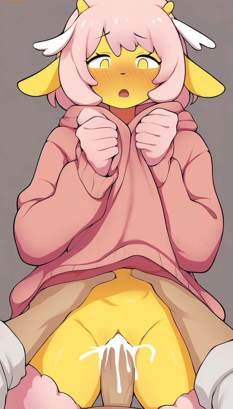 A yellow skinned woman, her head not visible at the bottom of the screen only her two yellow human legs are visible spread to either side of the screen. In the center of the image is a pale man with pastel pink hair, pastel pink sheep ears and pastel pink fur around his neck, he is wearing a pastel pink sweater that reveals his pale hips. He is behind the yellow legs, his two pale hands hold yellow thighs pastel pink fur on his forearms. Cum spills with every thrust of his pale cock down into the yellow groin at the bottom of the screen.