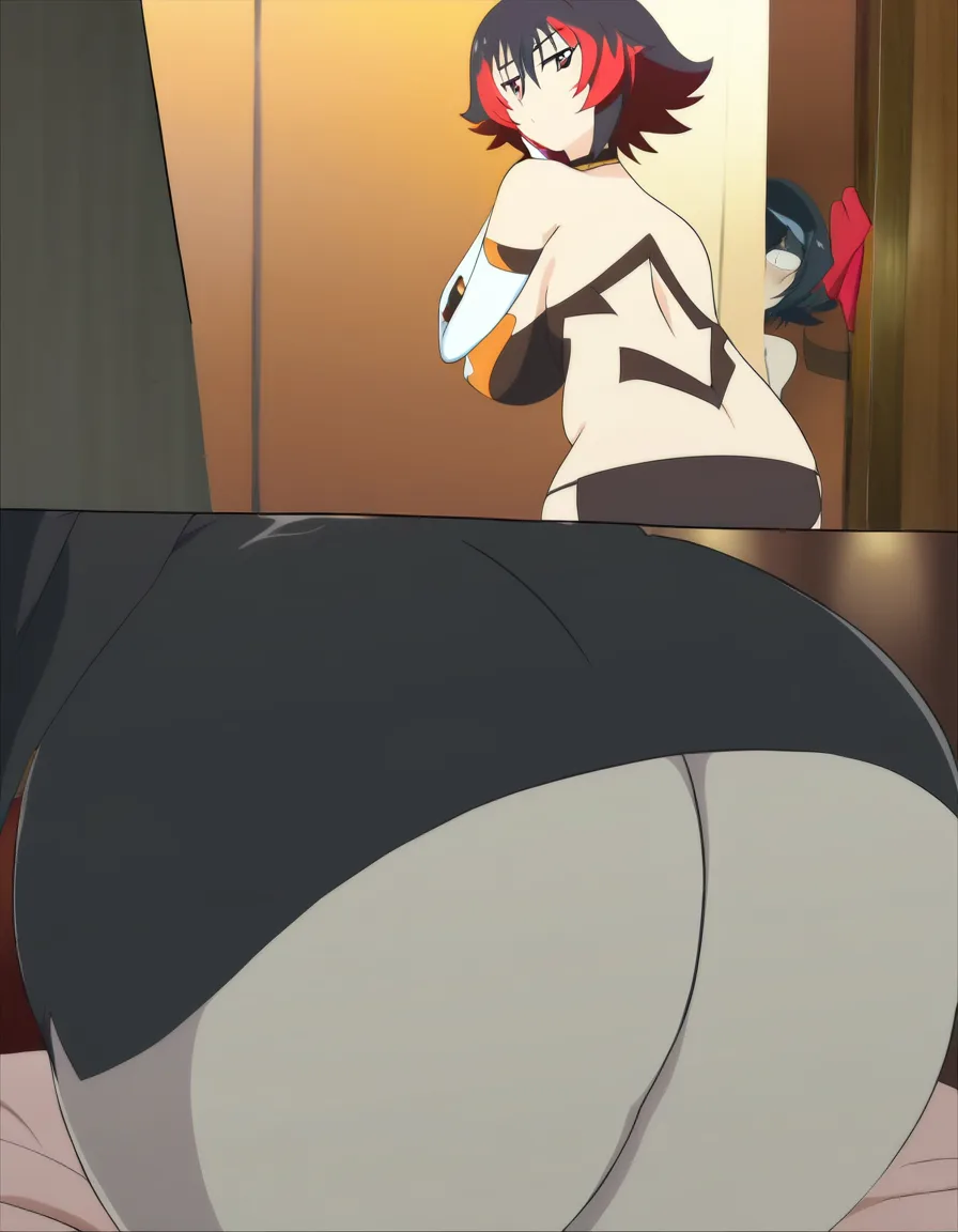 two mature white females, one is a chubby red hair and the other woman is a slim with black hair, the slim black hair woman is feeling aroused while peeking at the chubby red hair woman's huge plump ass while she asleep in bed, The chubby red head woman doesn't notice the slim black hair woman is peeking on her, (anime style:1.3), 2d, anime screencap, cel shading, flat color, @00osamio00