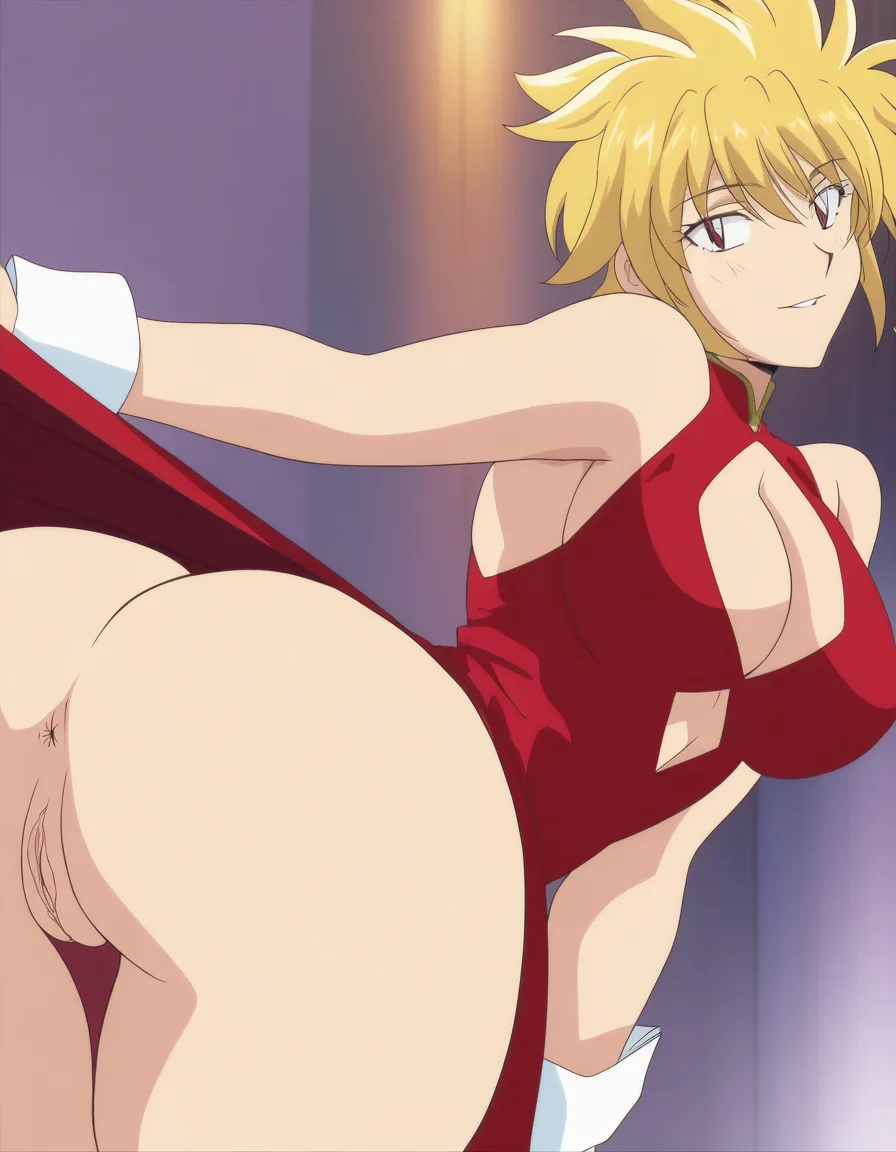 highly detailed, sharp, curvy, athletic, bent_over, dress_lift, blonde_hair, ass_visible_through_thighs, cleavage_cutout, anus, horny, (anime style:1.3), 2d, anime screencap, cel shading, flat color