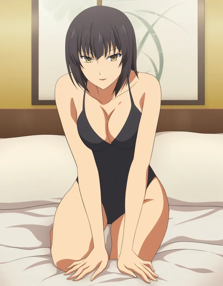 Sexy photo, high detail, cowboy shot, solo, kneeling on bed,sexy  moment, photorealistic, hentai_studio_quality, (anime style:1.3), 2d, anime screencap, cel shading, flat color