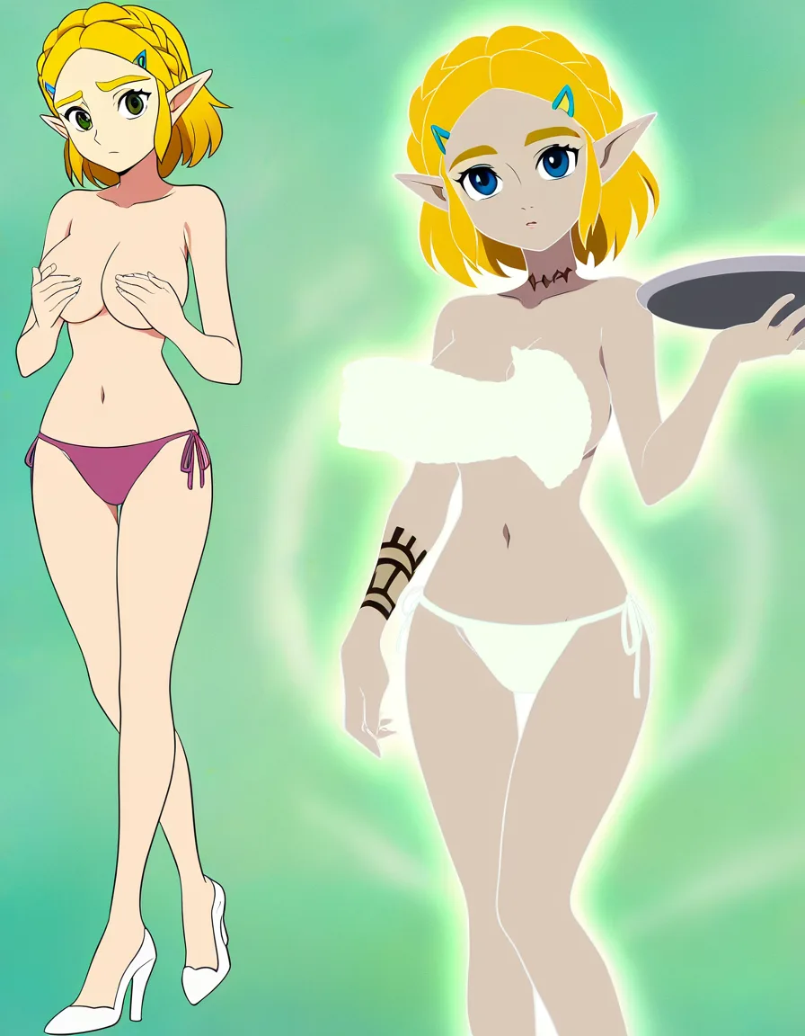 @princess_zelda, side-tie_bikini_bottom, topless, very_short_hair, high_heels, tattoo, covering_breasts, tray, holding_tray, (anime style:1.3), 2d, anime screencap, cel shading, flat color