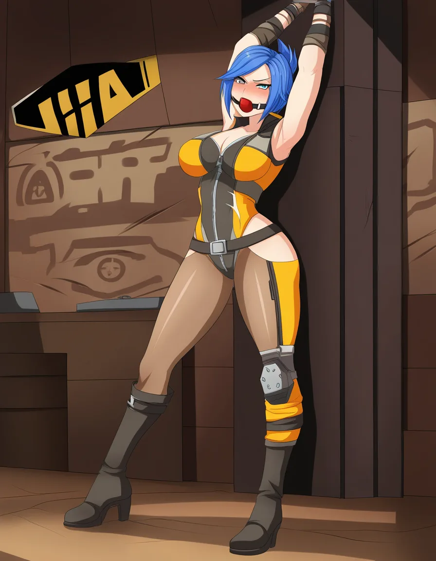 best quality,blue hair, detailed shading, Maya, leotard, bondage, ballgag, borderlands 2,, hentai_studio_quality