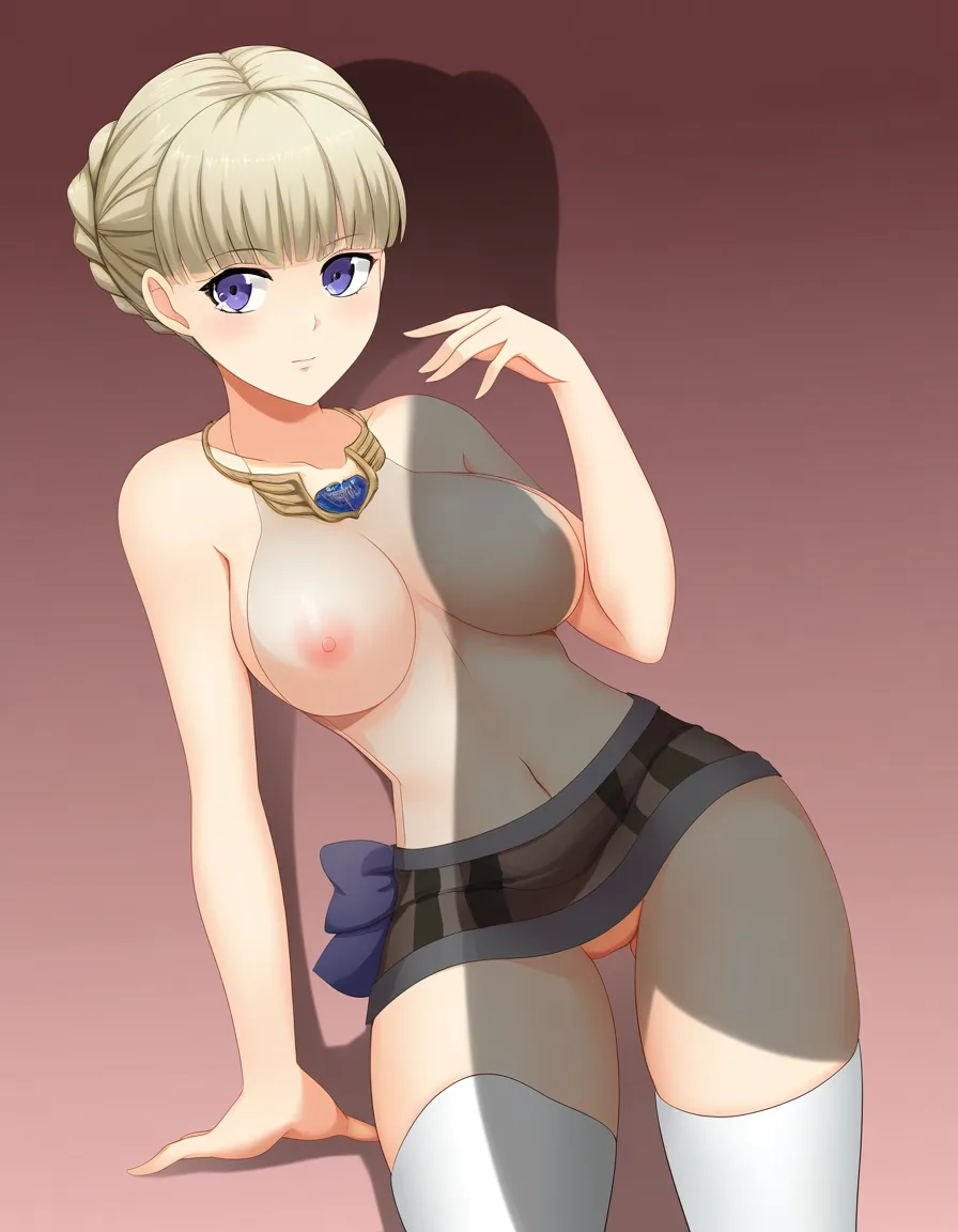 alice elliot from shadow hearts, in a miniskirt, no_panties, no_bra, in a nearly see through sweater, in white thighhighs, hentai_studio_quality
