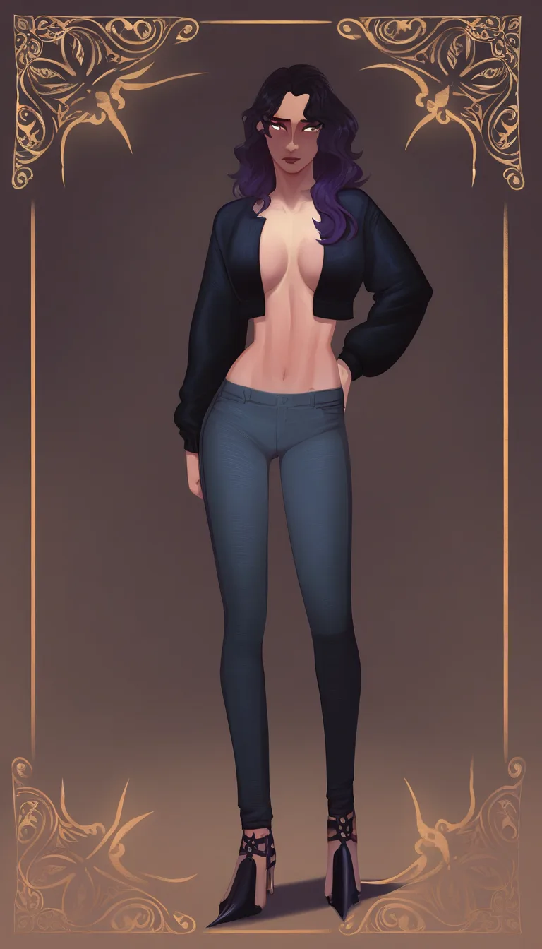She features a strikingly tall, elongated silhouette with remarkably long, slender legs and a graceful, fashion-forward posture. Framing her shoulders and upper back is a cascade of voluminous, wavy dark hair with soft, dense locks that possess a rich, textured depth. Her face is entirely smooth and featureless, completely lacking eyes, nose, or mouth, presenting a blank, mannequin-like presence.
Her upper body is clad in a fitted, long-sleeved dark jacket designed with a dramatic, plunging V-cut neckline that dips deeply open down her chest, exposing a sleek midriff. The jacket features subtle structural folds and tailored seam lines along the torso and sleeves. One of her arms is extended outward with an open, upturned palm and slender, delicately articulated fingers, while the opposite arm rests naturally at her side with a small, ornate trinket or accessory dangling at her hip.
Below the waist, she wears form-fitting skinny jeans that tightly contour the length of her exceptionally long legs down to minimal, pointed footwear. The clean, sharp lines of her clothing and her stylized, featureless form accentuate a sleek, modern aesthetic imbued with quiet mystery sucking a big cock, integrating the changes naturally with the original composition, lighting, shadows, perspective, and background. Preserve the subject's identity, facial features, pose, expression, body proportions, and all unmentioned elements exactly as they appear in the source image. Maintain consistent anatomy and realistic textures with clean boundaries.