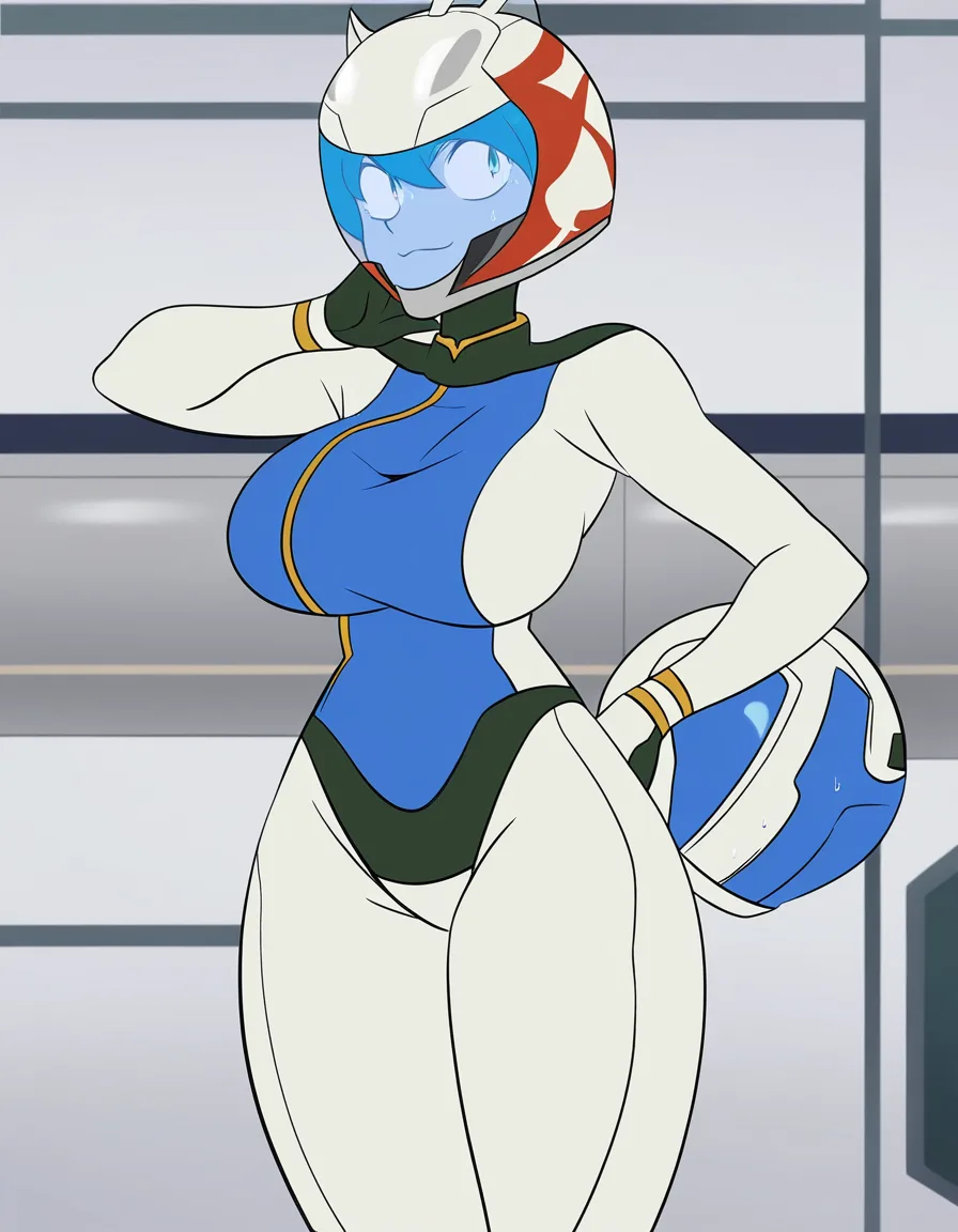 furry woman in a racing suit, visibly curvy through the suit, helmet off, sweaty, insanely attractive, (anime style:1.3), 2d, anime screencap, cel shading, flat color
