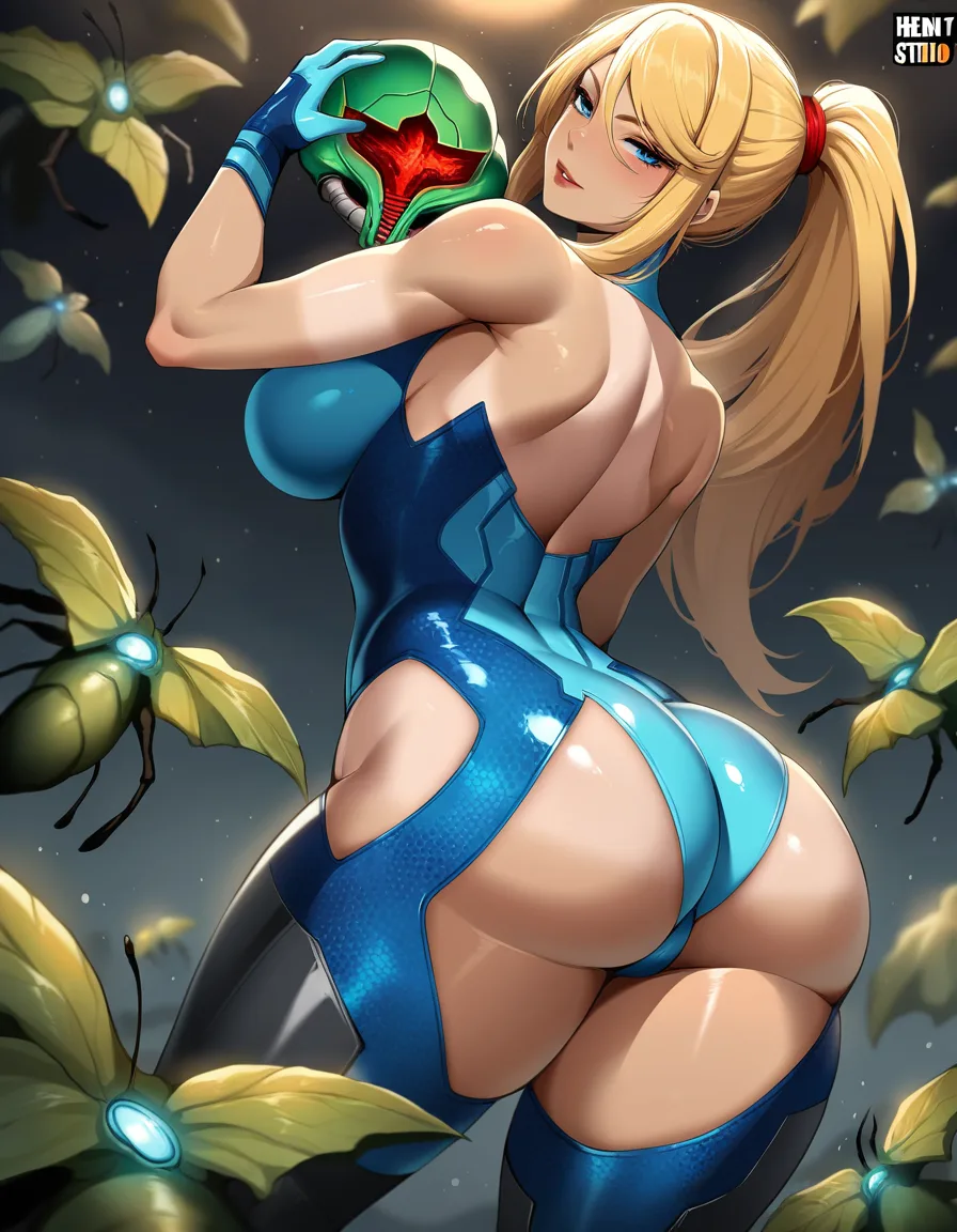 masterpiece, fine detail, best quality, very aesthetic, tanlines, samus aran from Metroid prime, Metroid larva, hentai_studio_quality, hentai_studio_quality