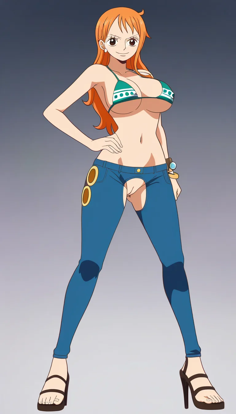 Nami from One Piece, Oda style, full_body, beautiful warm smile, gentle expression, standing, sexy pose, one hand on hip, facing camera, black background, jeans with crotch cutout, green cupless bikini top with only strings, breasts and nipples exposed, pussy exposed, high heel sandals, spherical logpose on left wrist,, (anime style:1.3), 2d, anime screencap, cel shading, flat color, @00osamio00