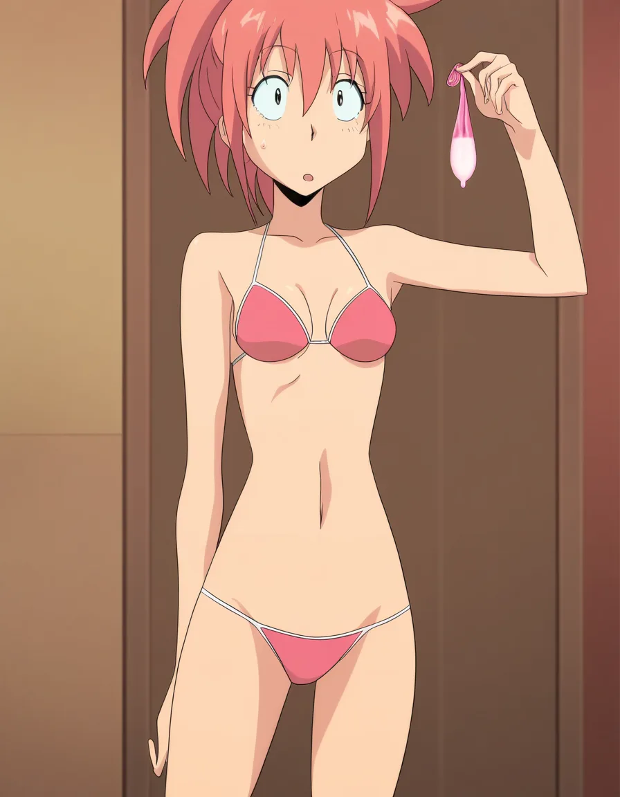ultra detailed, girl eager to find used condom full of semen, swimsuit , holding up condom, surprised but curious, small breasts, (anime style:1.3), 2d, anime screencap, flat color, (anime style:1.3), 2d, anime screencap, cel shading, flat color