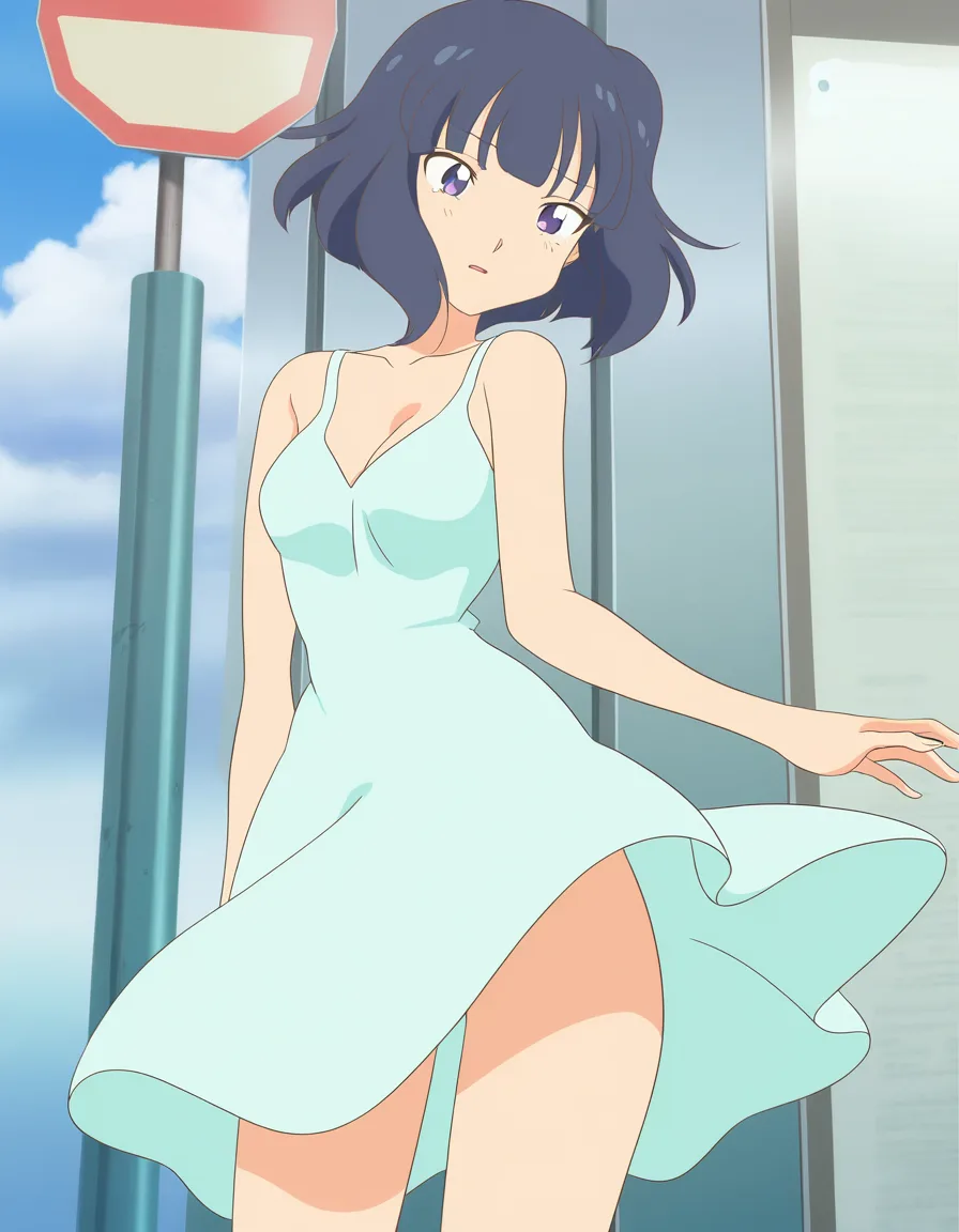 very small breasts, sundress, bashful girl flashes man at bus stop so he can film, (anime style:1.3), 2d, anime screencap, cel shading, flat color, hentai_studio_quality