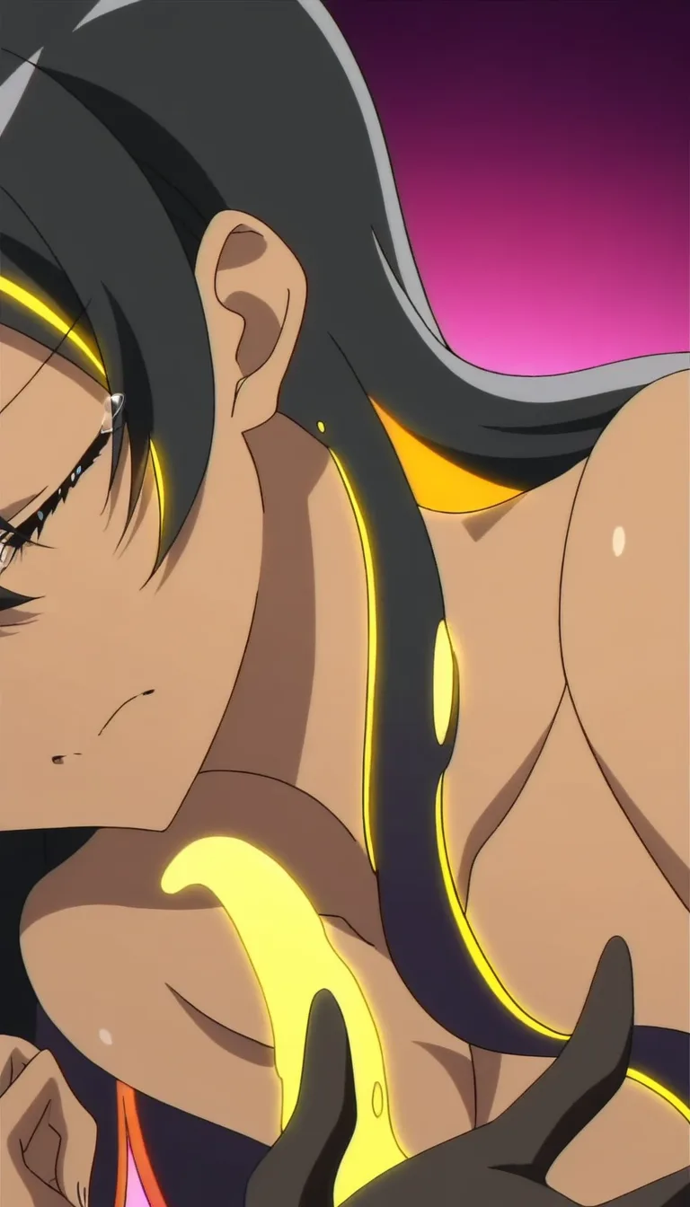 a sexy nude gold skinned royal anime slime girl wearing a king crown putting her hands on a sexy nude dark black skinned anime slime girl (the gold girl shows off her hot melting glowing yellow tongue to her girlfriend) (her black slime girlfriend's mouth is closed) she looks at her new girlfriend with heavy lust) (two girls in on frame) (her girlfrend begins swallowing the tongue as it melts in her mouth)