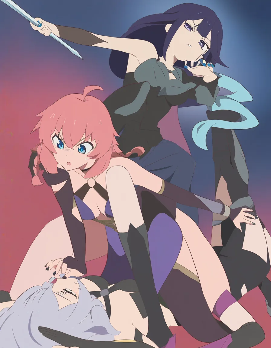 best quality, polished, 3girls, nail polish, weapon, facesitting, soft cel shading, (anime style:1.3), 2d, anime screencap, cel shading, flat color, @00osamio00