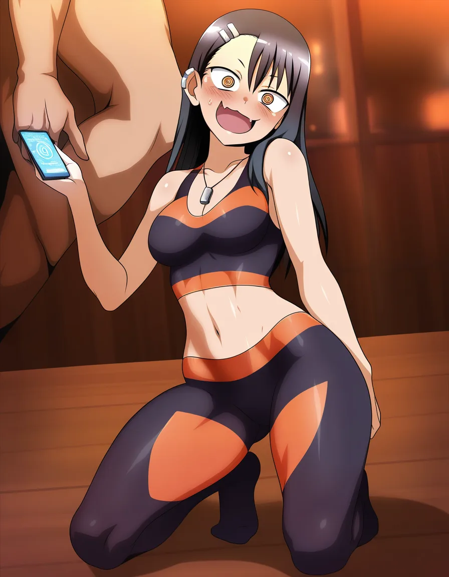 /best_quality /ultra_detailed /highres @nagatoro_hayase #leggings #crop_top #kneeling #@_@ #pendant #old_man, hentai_studio_quality