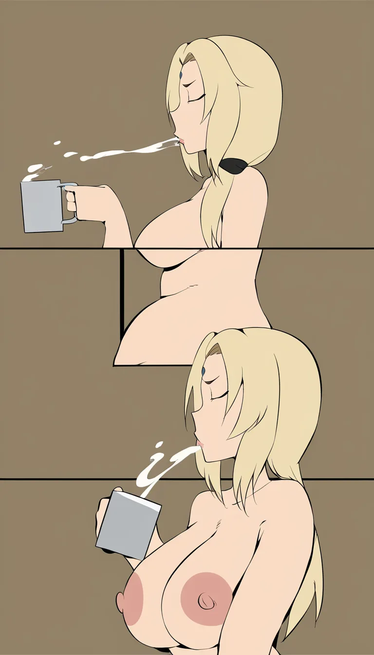 Artist_Bobtheneet, Tsunade, large_breasts, nude, hair_down, horny female, 1girl, cum_overflow, mug full of cum, drinking, gulping,  from_side, holding_mug, drinking_glass, gulping cum,, (anime style:1.3), 2d, anime screencap, cel shading, flat color, @00osamio00
