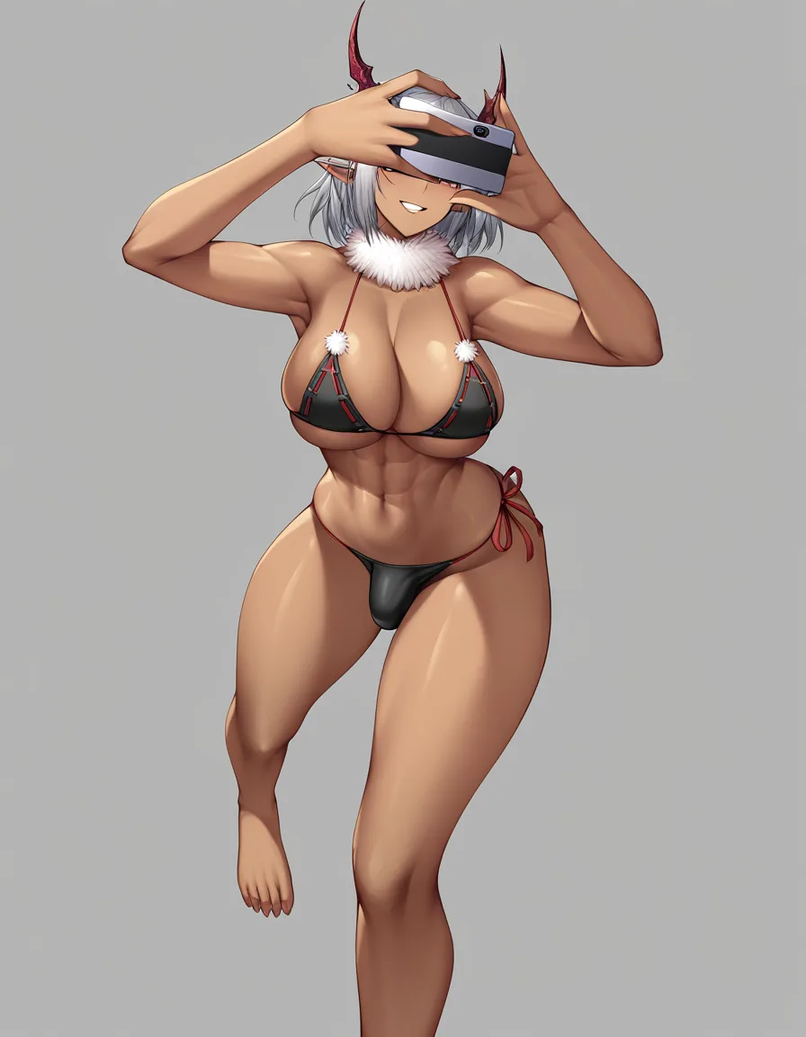 ultra HD, lifelike, solo female, pointy ears, swimsuit, selfie pose, futanari, transparent background, ribbon_trim light, lifelike upper_body, hentai_studio_quality