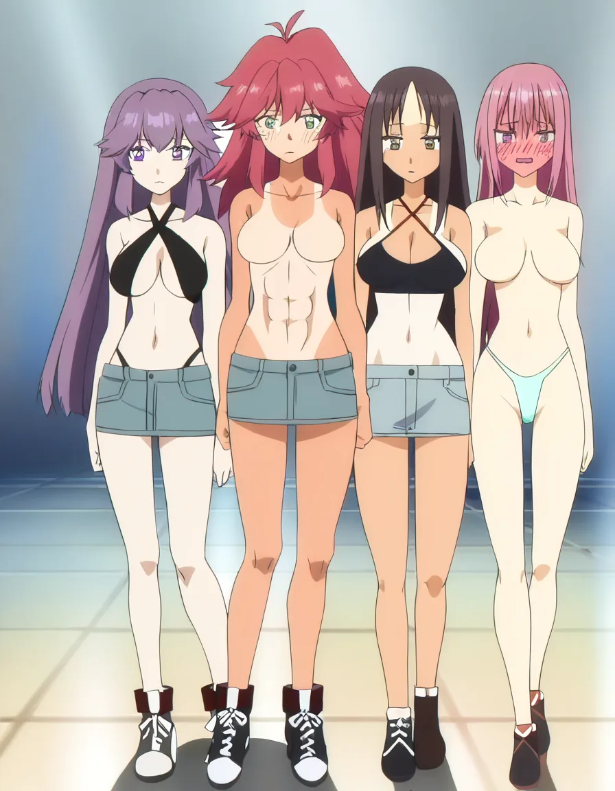 Kiara, (soft tan, no_tanlines,) absurdres, highres, (nervous blush,) (black criss-cross_halter, black low-rise, denim miniskirt, light teal highleg_thong, black and red hightop_sneakers,) athletic, abs, (rose pink_hair, medium_hair, straight_hair, exposed forehead, hair_behind_ear) royal purple_eyes, (straight-on, full_body, (breasts_touching, perky_breasts) ( no_bra, standing, arms_at_sides, legs_apart), japanese descent,, (anime style:1.3), 2d, anime screencap, cel shading, flat color
