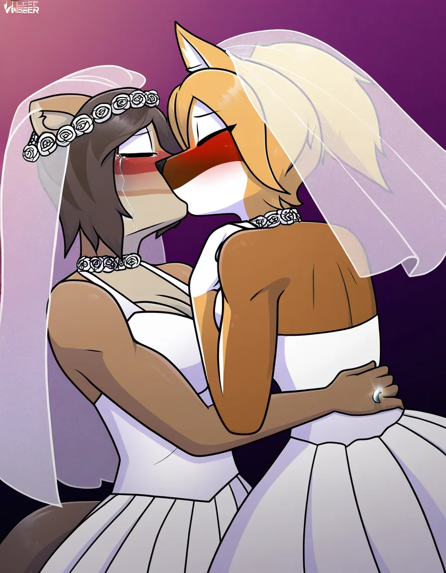 @tangle_the_lemur, @whisper_the_wolf, yuri, lesbian, standing, wedding_dress, wedding_ring, bridal_veil, kissing, blush, crying, at wedding., hentai_studio_quality