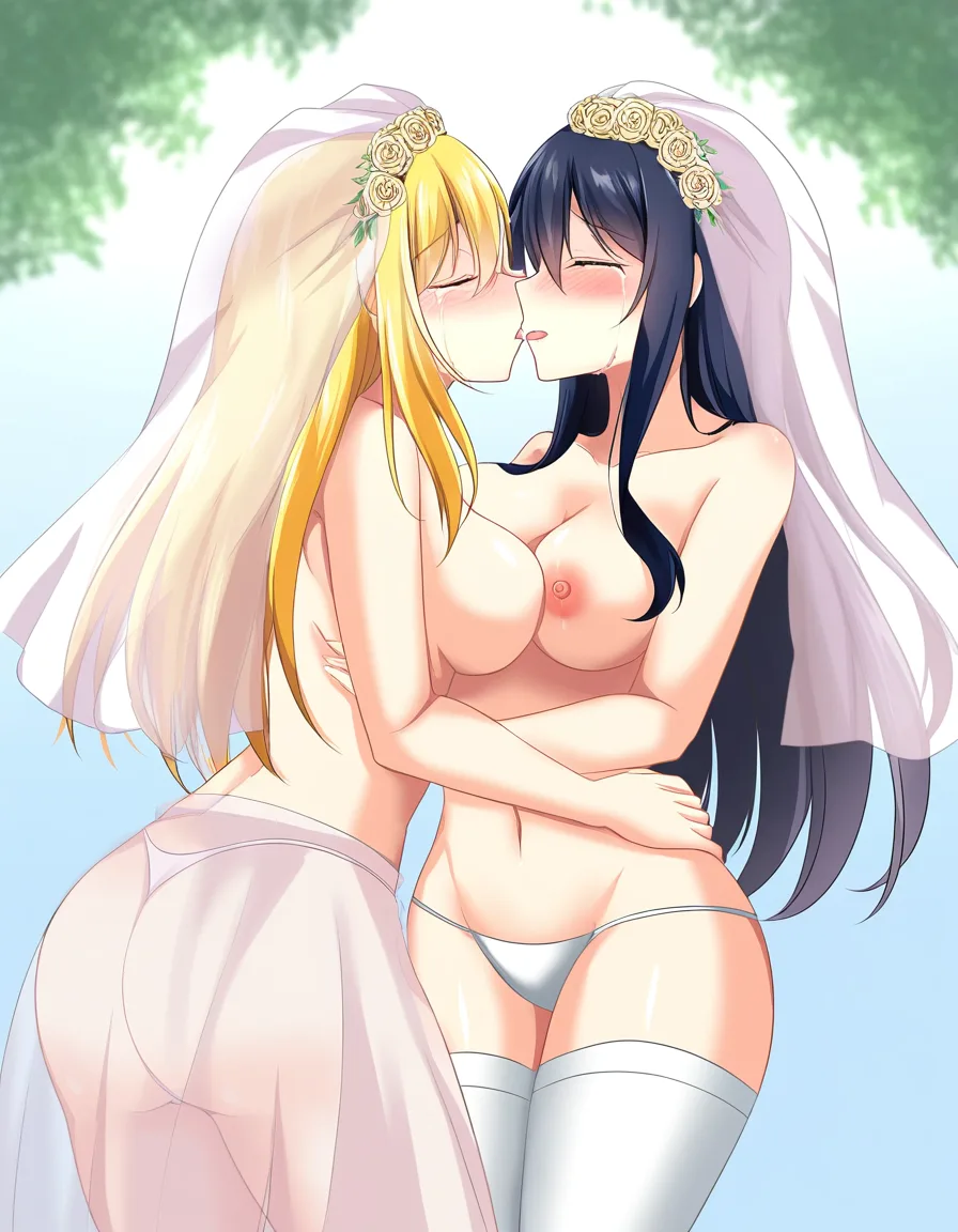2girls, multiple_girls, @heart_aino, @saki_tsuzura, topless, yuri, lesbian, standing, bridal_veil, white thong, white thighhighs, kissing, blush, crying, at wedding., hentai_studio_quality
