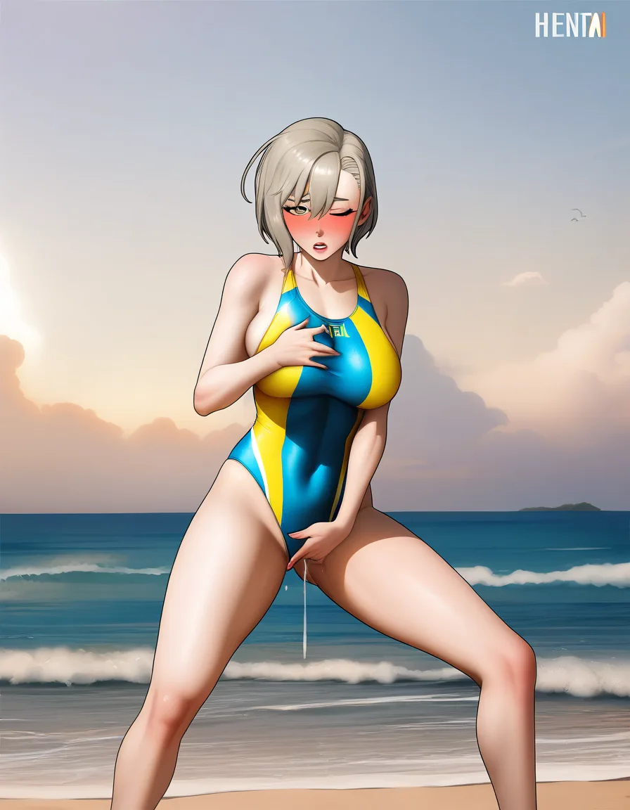 @anis, standing, legs apart, yellow competition_swimsuit, blush, one_eye_closed, looking_at_viewer, female_masturbation, orgasm, beach., hentai_studio_quality, hentai_studio_quality