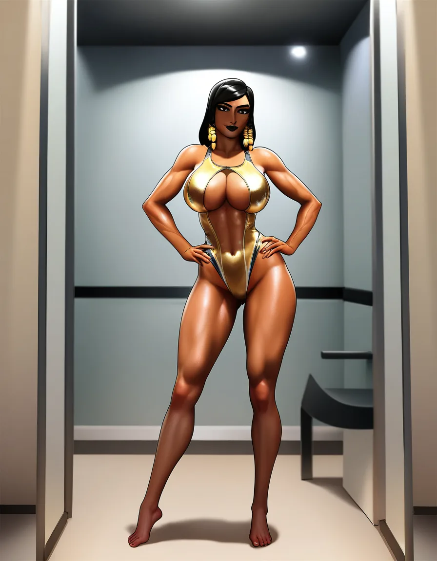 @pharah_(overwatch), standing, legs_apart, seductive_smile, closed_mouth, looking_at_viewer, sexually_suggestive, hands_on_own_hips, gold competition_swimsuit, in dressing room., hentai_studio_quality, hentai_studio_quality, hentai_studio_quality, hentai_studio_quality, hentai_studio_quality