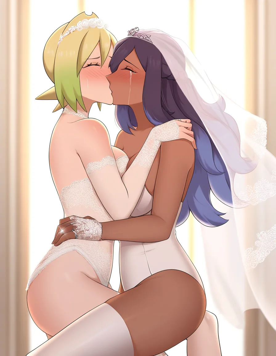 2girls, multiple_girls, @irida_(pokemon), @perrin_(pokemon), yuri, lesbian, bridal_veil, white lace leotard, white thighhighs, white lace gloves, hug, wedding_ring, grabbing_another's_ass, blush, kissing, crying, at wedding., hentai_studio_quality, hentai_studio_quality, hentai_studio_quality