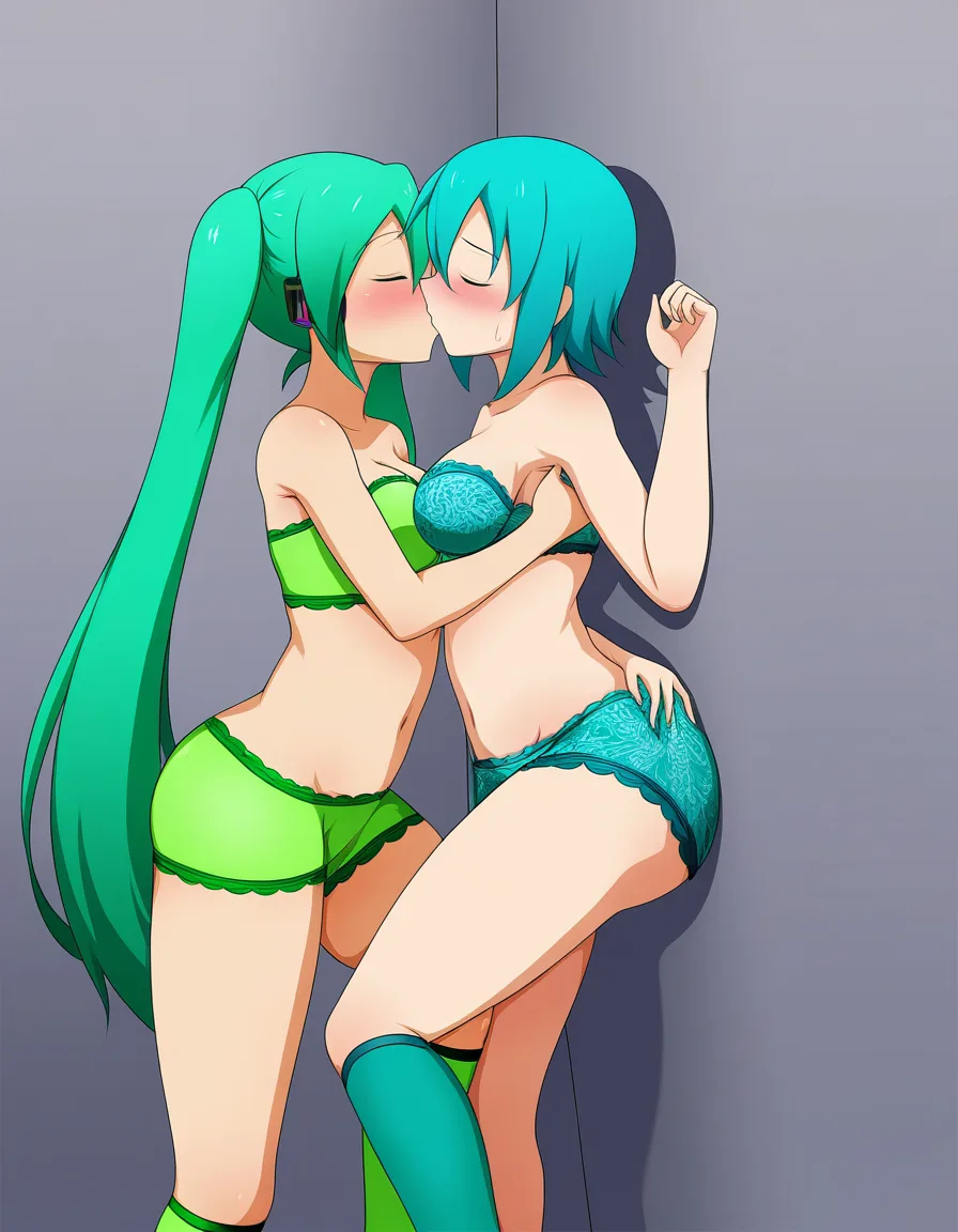 2girls, multiple_girls, @hatsune_miku, aqua lace bandeau, aqua lace shorts, aqua kneehighs, @gumi, lime green lace bandeau, lime green lace shorts, lime green kneehighs, yuri, lesbian, standing, hug, grabbing_another's_ass, blush, closed_eyes, kissing, against_wall, in dressing room., hentai_studio_quality, hentai_studio_quality, hentai_studio_quality, hentai_studio_quality
