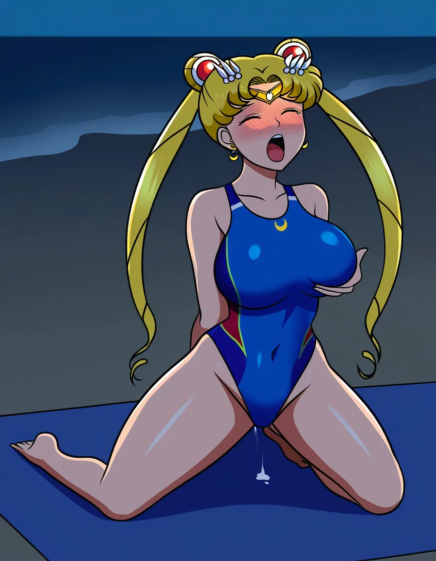 @sailor_moon, kneeling, legs_apart, blue competition_swimsuit, blush, closed_eyes, grabbing_own_breast, moaning, orgasm, beach, night., hentai_studio_quality