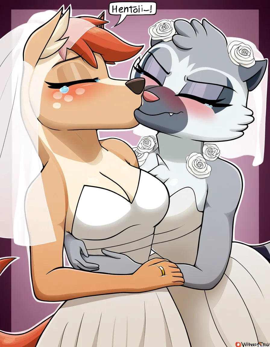 2girls, multiple_girls, no_humans, @tangle_the_lemur, @whisper_the_wolf, yuri, lesbian, interspecies, bridal_veil, wedding_ring, wedding_dress, blush, closed_eyes, hug, kissing, crying, at wedding., hentai_studio_quality