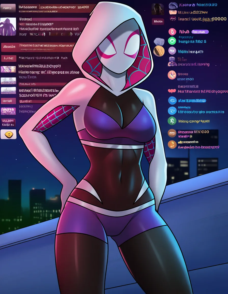 @spider-gwen, standing, legs_apart, underwear_only, looking_at_viewer, seductive_smile, closed_mouth, lavender sports_bra, lavender boxer briefs, hands_on_own_hips, livestream, on rooftop, night., hentai_studio_quality