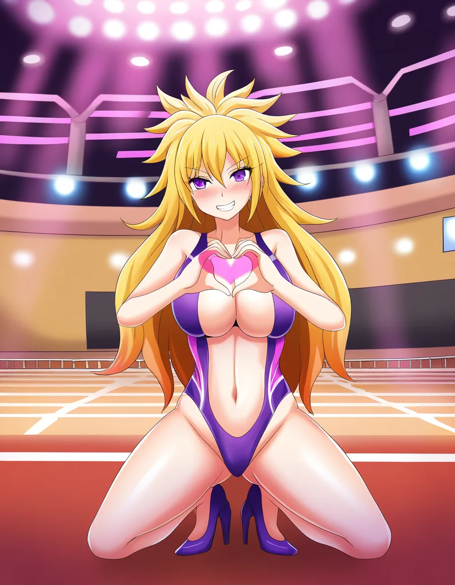 @mai_kujaku, long_hair, blonde_hair, thick hair, spiked_hair, purple_eyes, kneeling, legs_apart, purple competition_swimsuit, purple, high_heels, looking_at_viewer, blush, seductive_smile, grin, heart_hands, orgasm, in gym, night., hentai_studio_quality