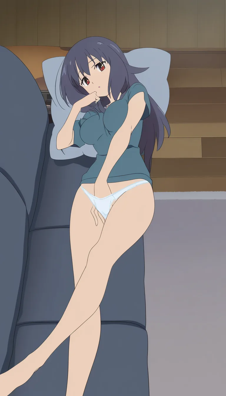 Girl chill, only panties, lying on sofa, hand in panties,, (anime style:1.3), 2d, anime screencap, cel shading, flat color