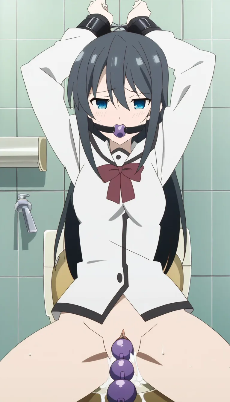 gag bathroom school_uniform no_bra no_panties bound_wrists black_hair anal_beads anal_object_insertion vaginal_object_insertion sex_toy kneeling crying looking_at_viewer, cum on_chair, looking_up,