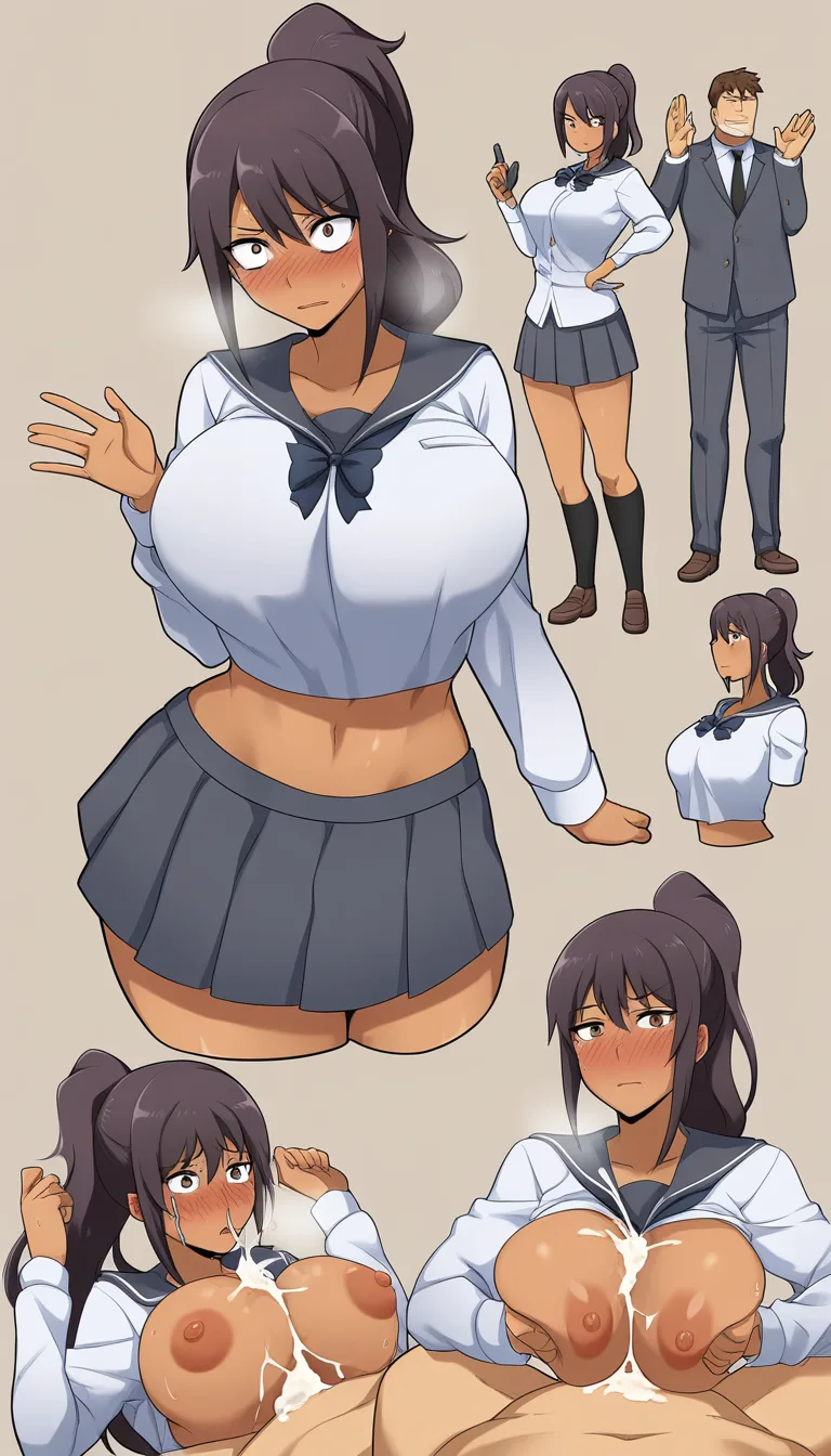 multiple_views, multiple_boys , 1girl , school_uniform , high_ponytail , large_breasts, dark-skinned_female. First scene: standing , nervous, clothed, full_body, tight_clothes. Second scene: embarrassed, dominated, on_back, breasts out, paizuri , hands_up, cum, crying, fellatio, hentai_studio_quality